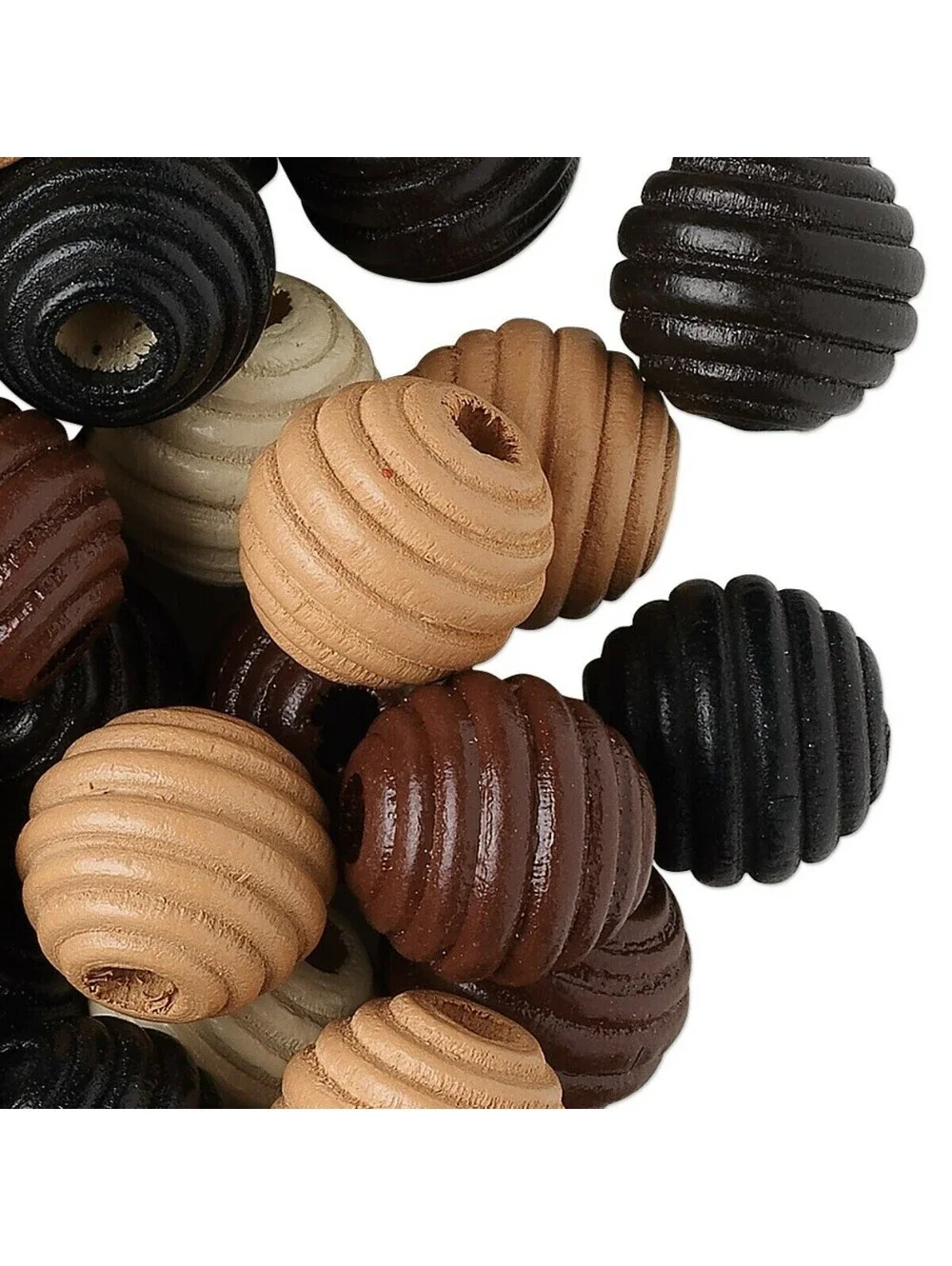 Fluted Carved Earthy Brown Black Tan Cream 16mm Round Korean Wood Beads 15 pcs